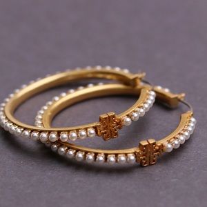 Tory Burch logo Pearl hoop earrings
